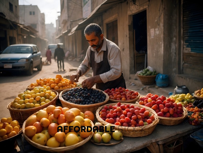 A man selling fruit at an outdoor market