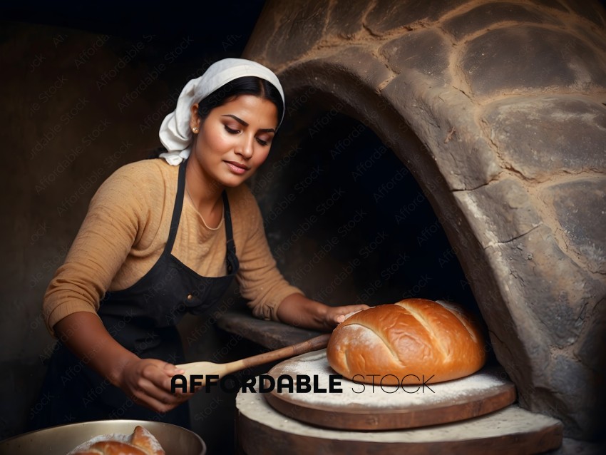 A woman in a brown shirt and apron is kneading bread dough