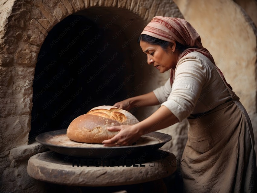 A woman in a white shirt and headscarf is kneading bread dough