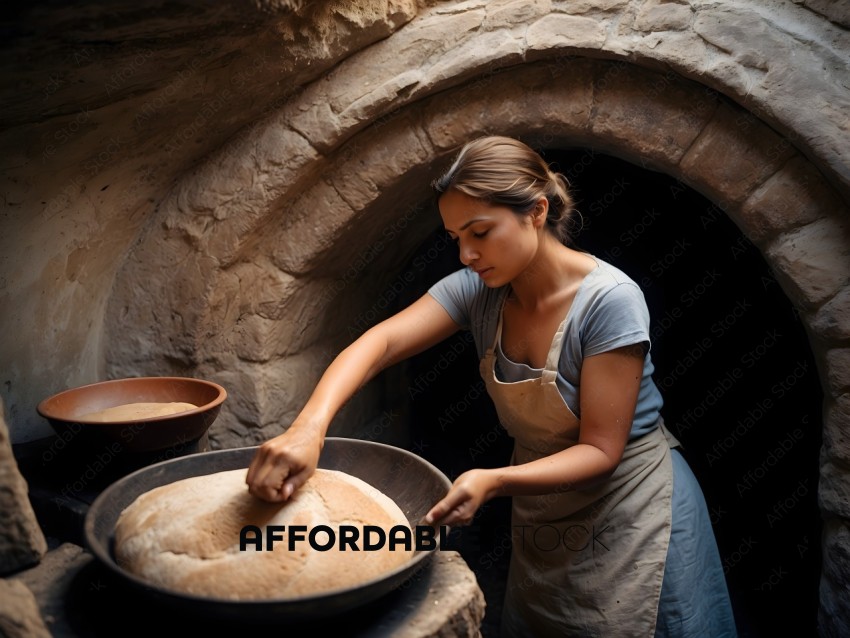 A woman kneads bread dough in a stone oven