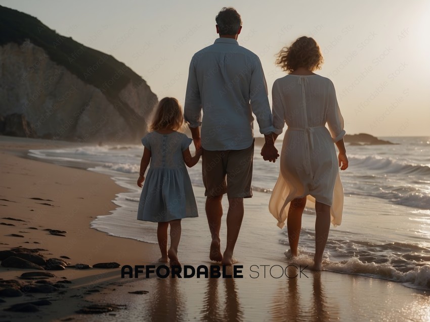 A family of three walking on the beach