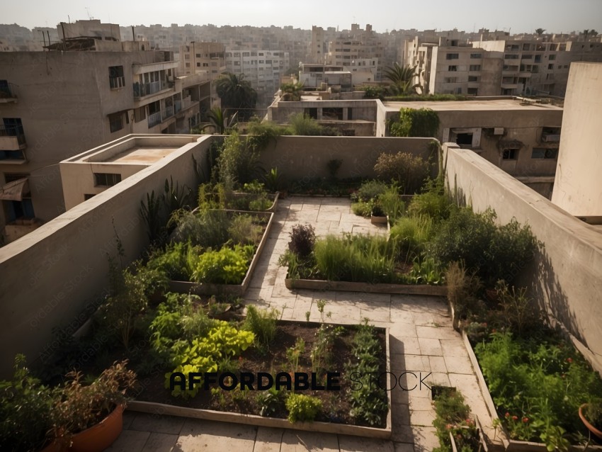 A rooftop garden with a variety of plants