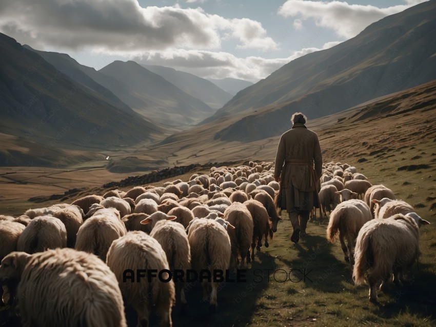 A man leading a herd of sheep through a mountain valley