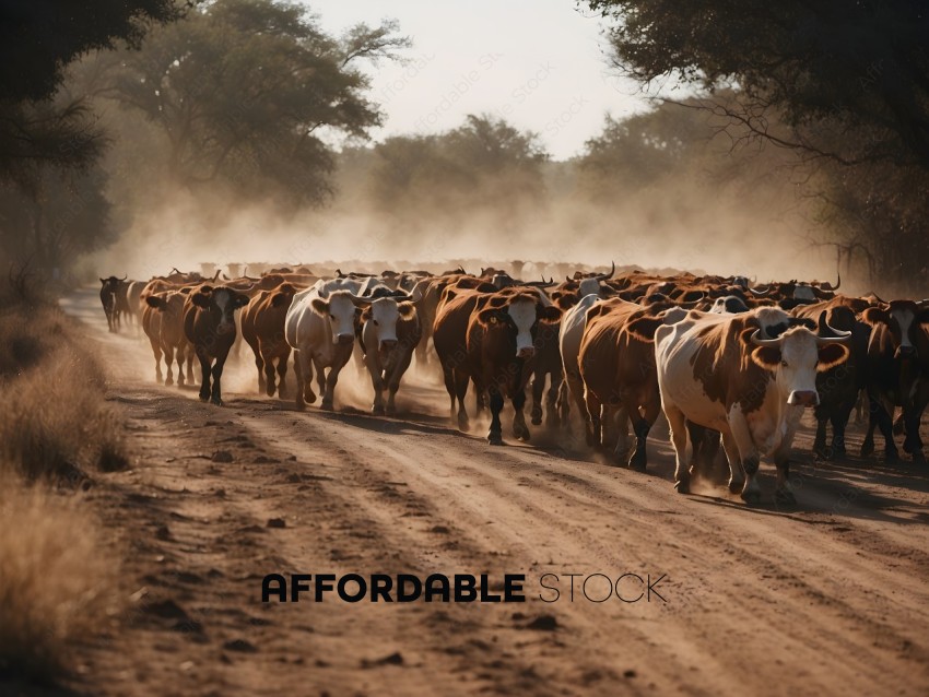 Herd of cattle walking down a dirt road