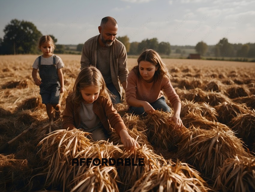 Family of four working together in a field