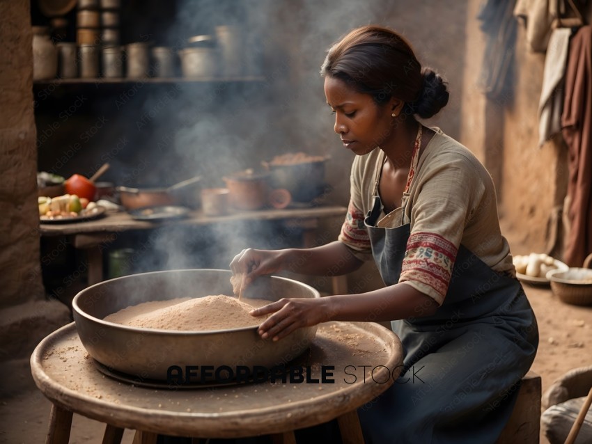 A woman in an apron is making something in a large bowl