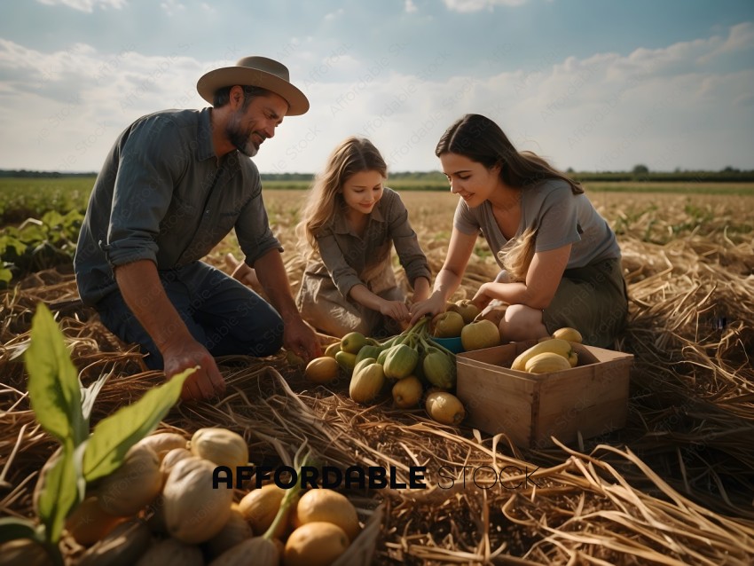 A family of three harvesting fruit in a field
