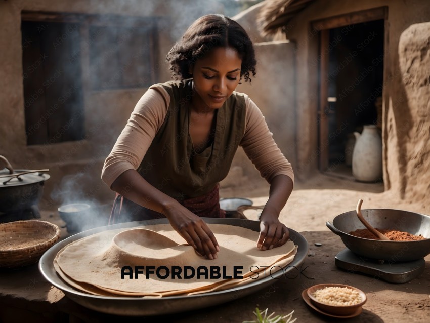 A woman making flatbread in a primitive kitchen