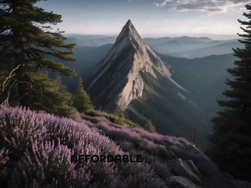 A mountain peak with a purple field in the foreground