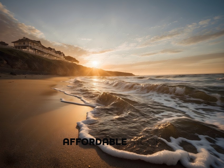 A beautiful beach scene with a sunset and waves