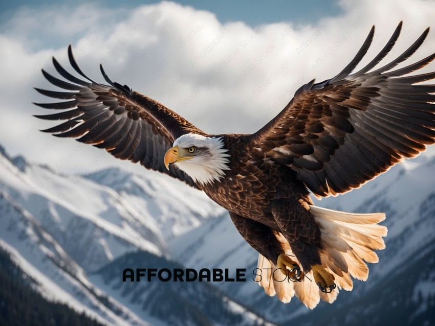 Eagle in flight over snowy mountains