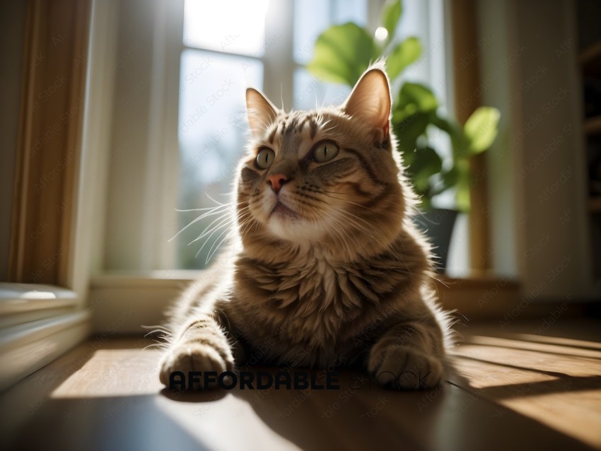 A cat sitting on a wooden floor in front of a window