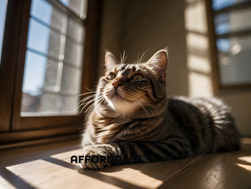A cat lays on a wooden table in front of a window