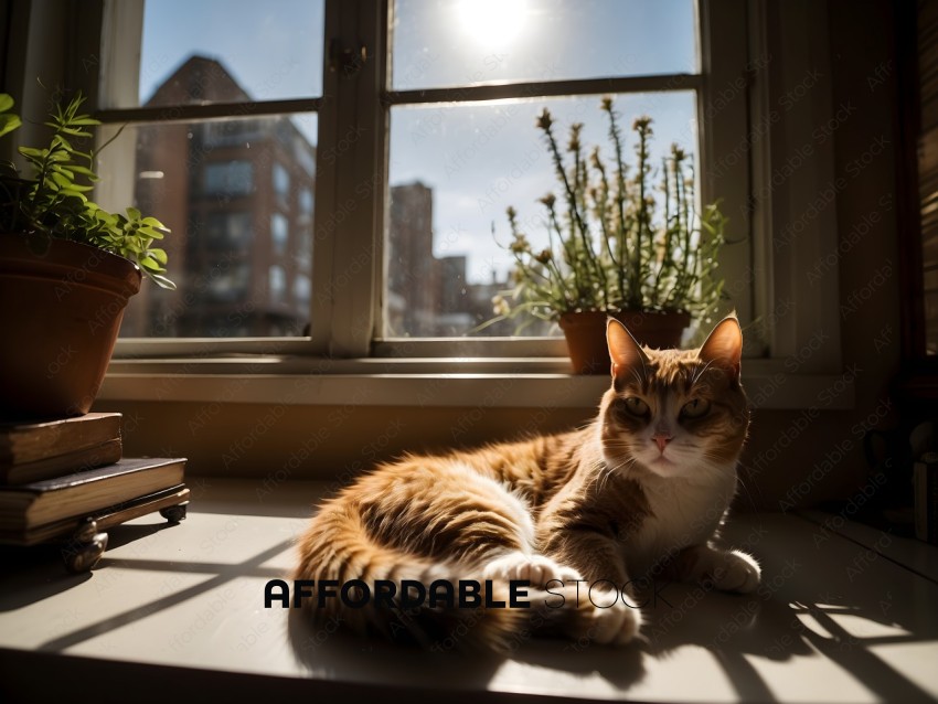 A cat lays on a windowsill with a potted plant in the background