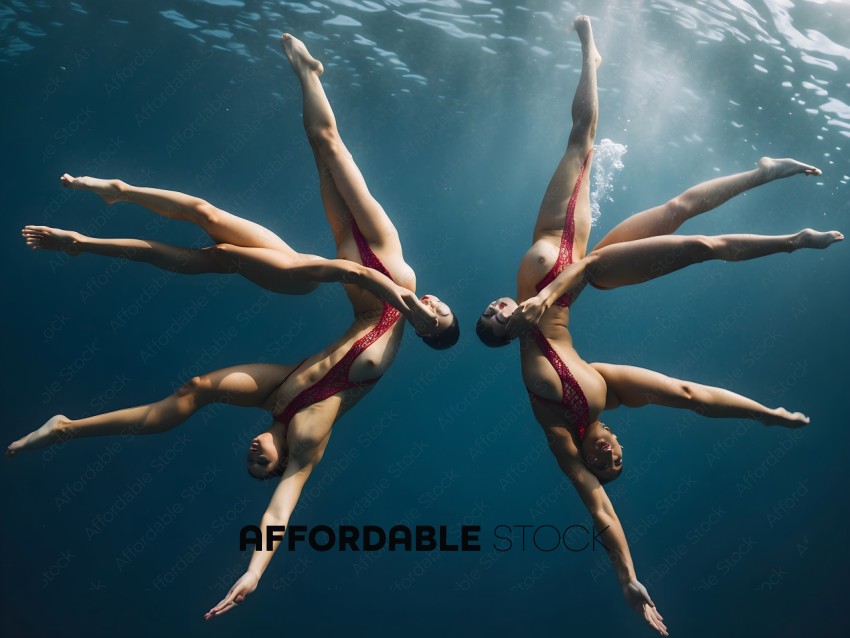 Four women in red and black swimsuits are underwater
