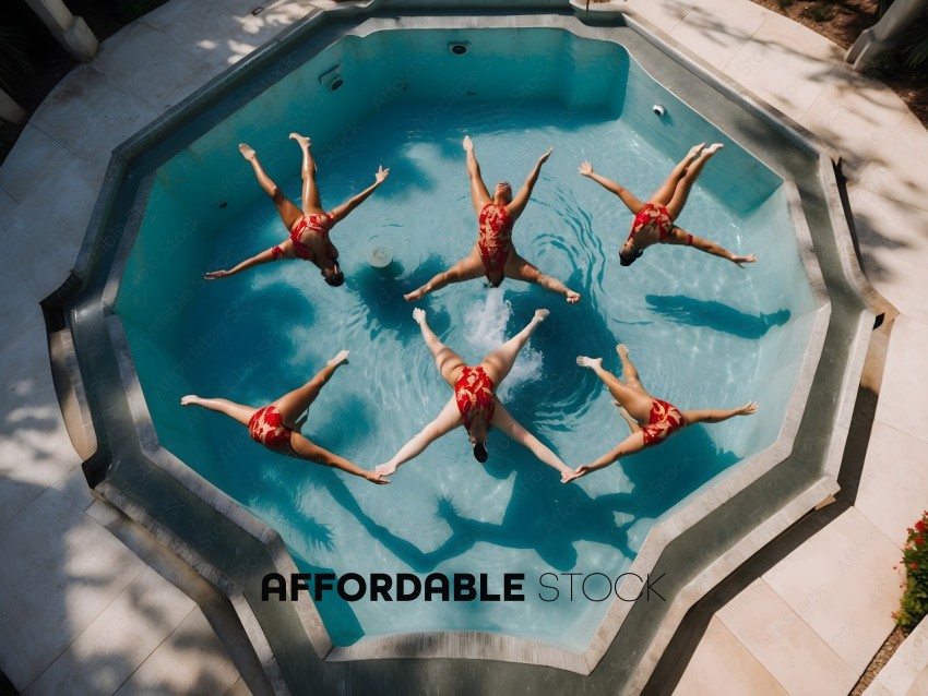 Five women in red and black swimsuits perform synchronized dive into a pool