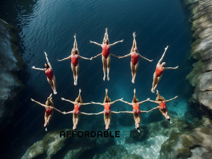 12 Women in Red Swimsuits Performing a Ballet-like Movement