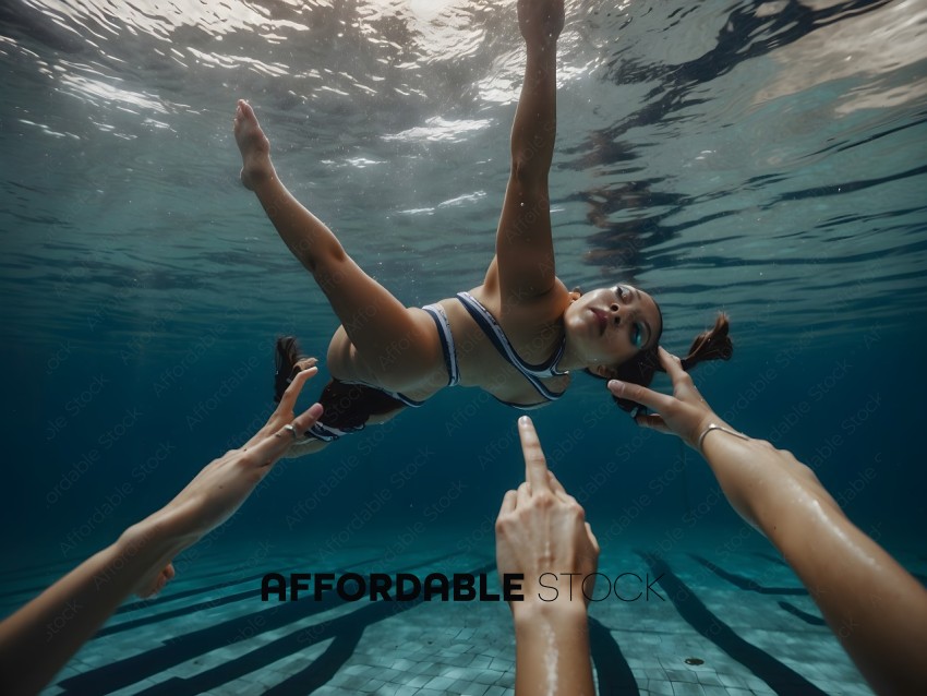 A woman is underwater in a pool with her hands up