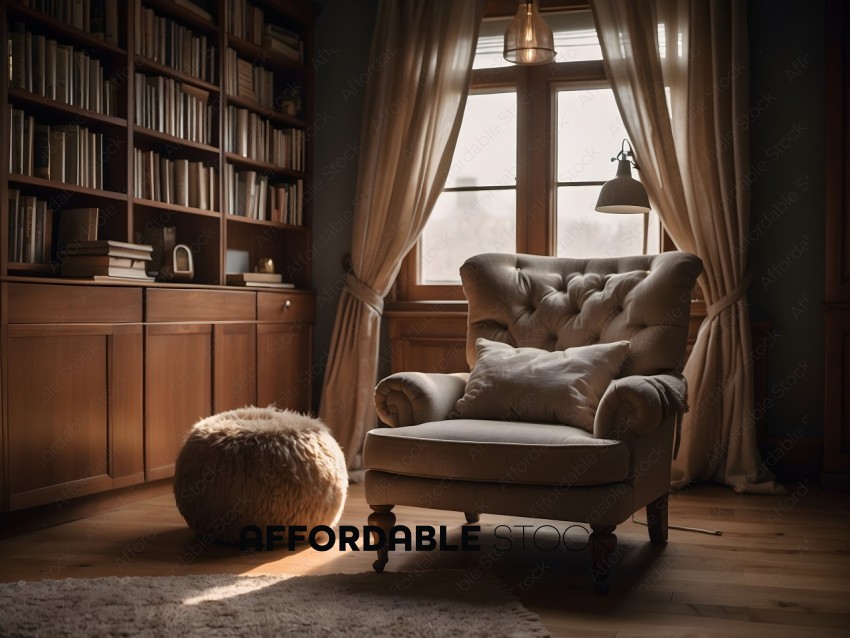 A chair with a pillow in a room with a bookcase