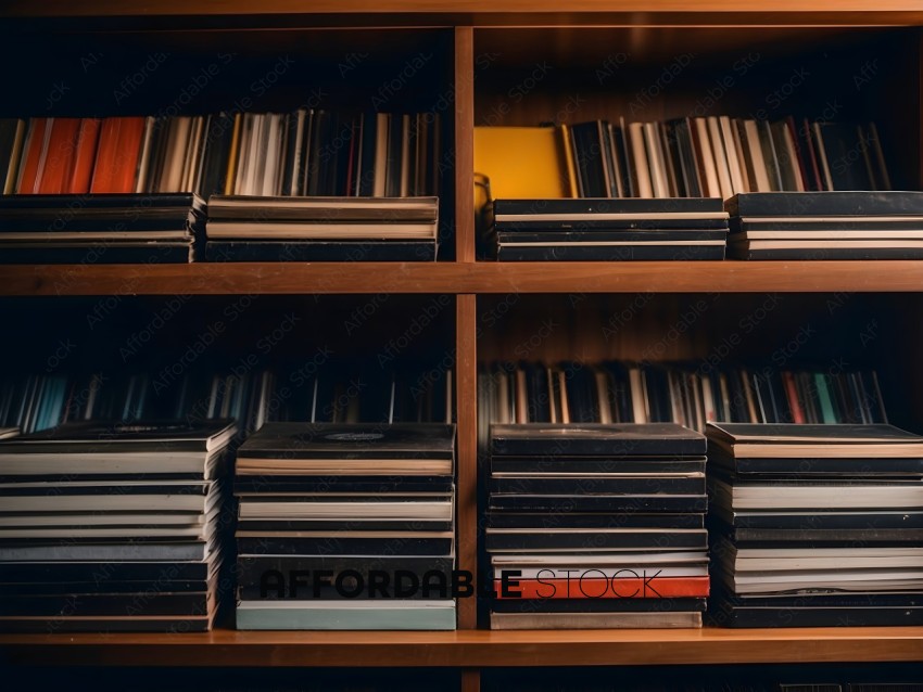 A wooden bookshelf with a variety of records