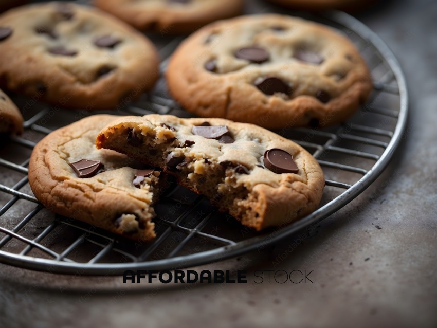 A half eaten chocolate chip cookie on a cooling rack