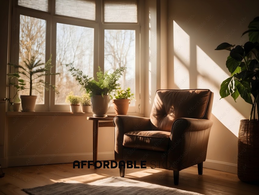 A brown leather chair with a plant in a brown pot in front of it