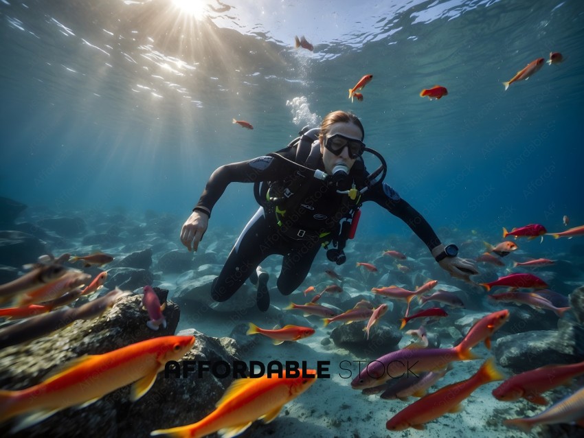 Diver in a black wet suit surrounded by colorful fish