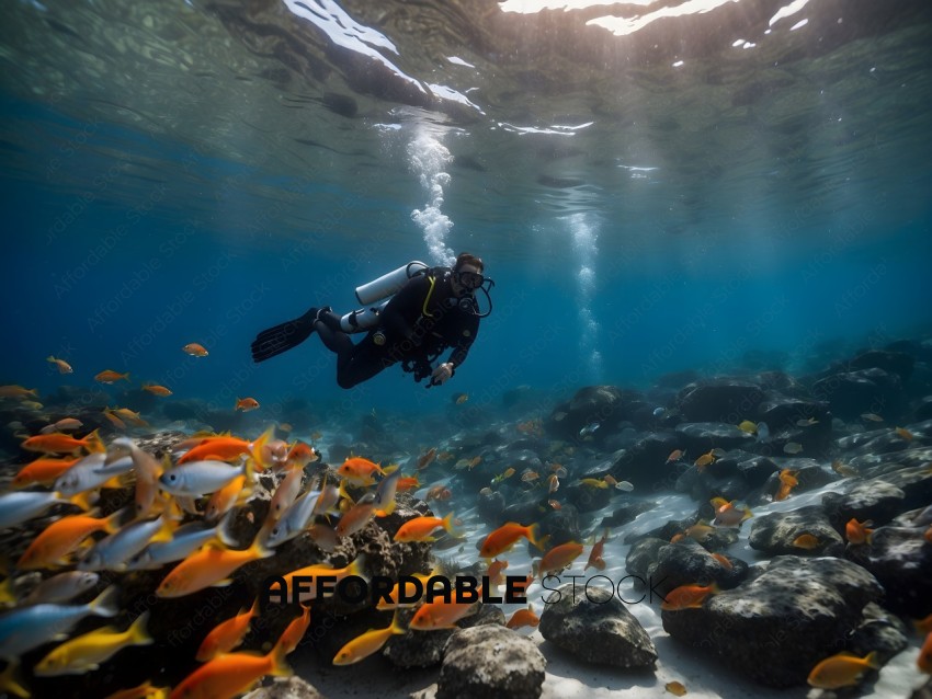 Diver swims underwater among colorful fish