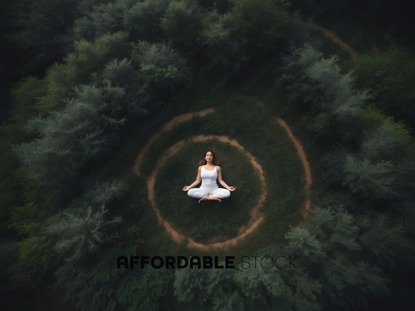 A woman meditating in a forest clearing
