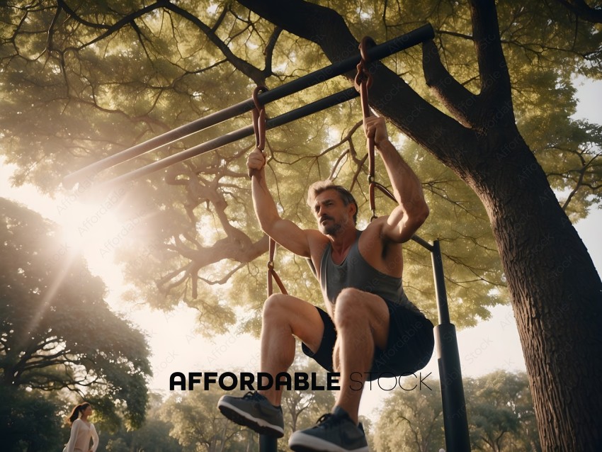 Man in black shorts and gray tank top hanging from monkey bars