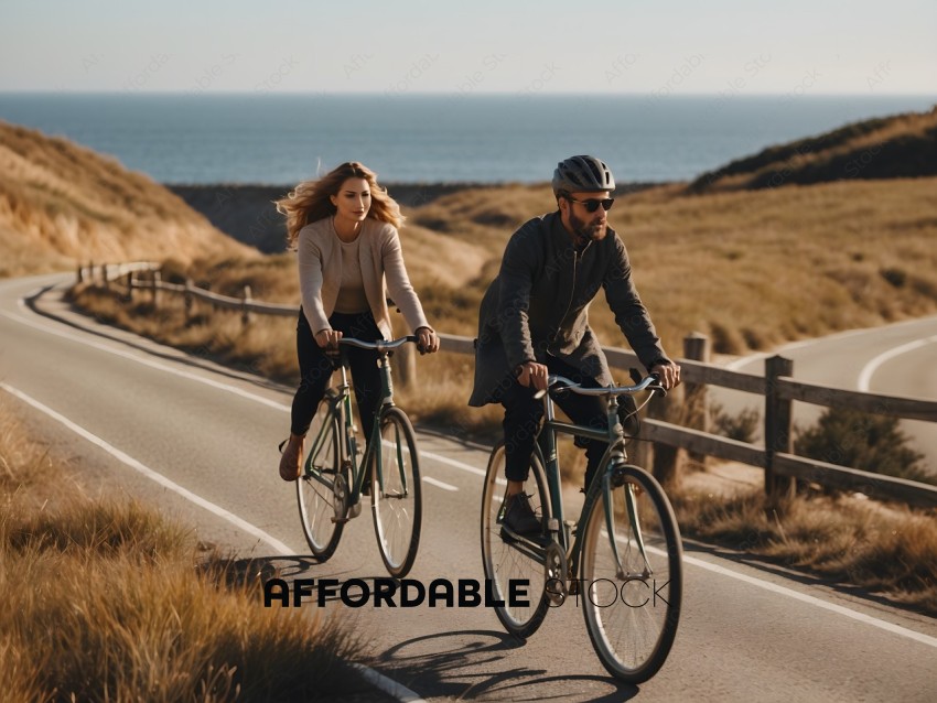 A couple rides bikes on a road by the ocean