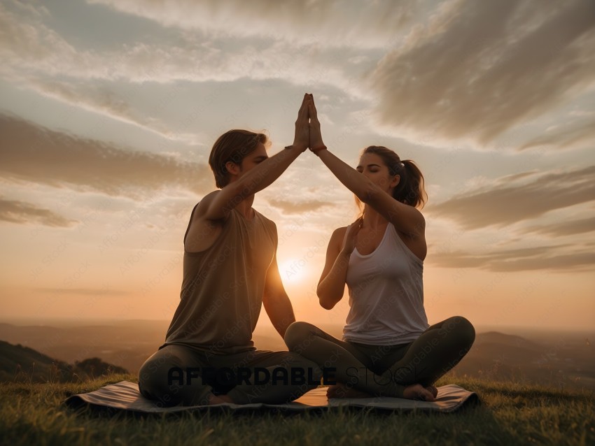 A man and woman sitting on a yoga mat with their hands in a prayer position