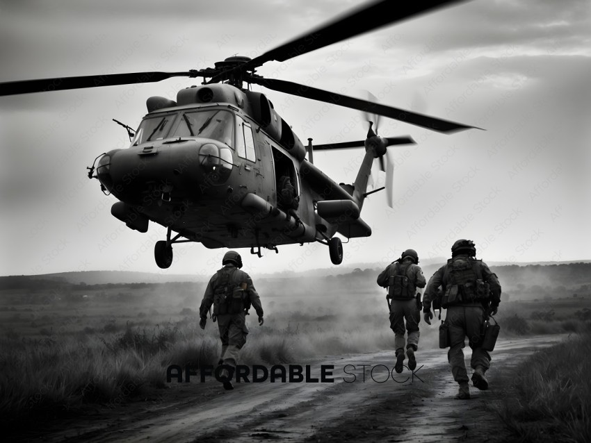 Soldiers running in the field with a helicopter in the background
