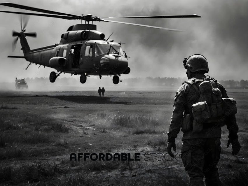 A soldier watches a helicopter fly over him