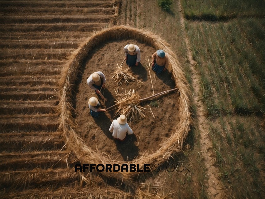 Four people working on a circle of straw