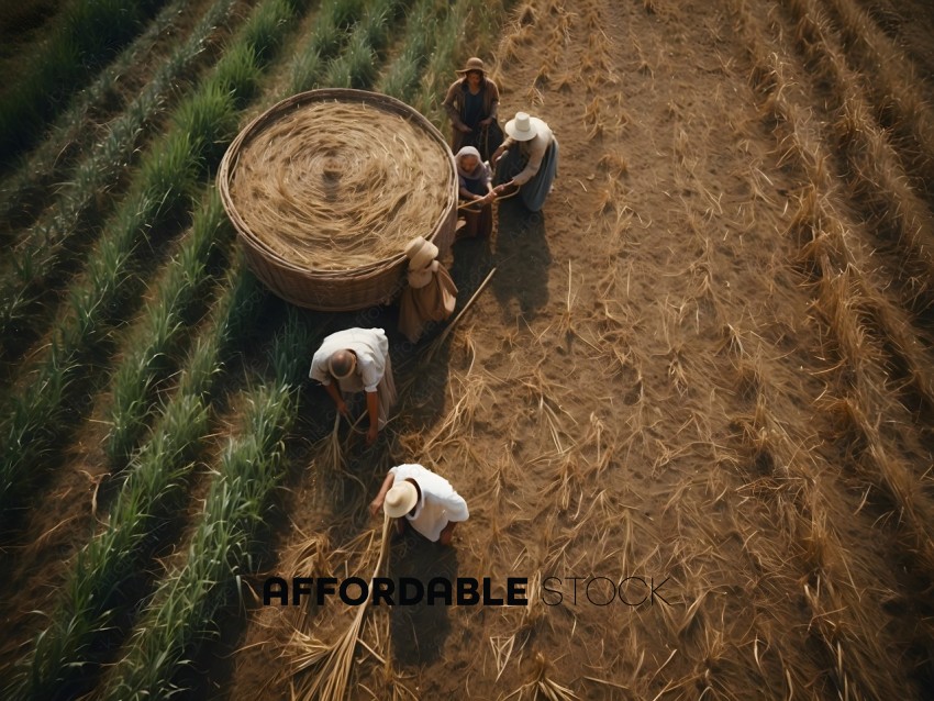 Farmers working in the field with a large basket