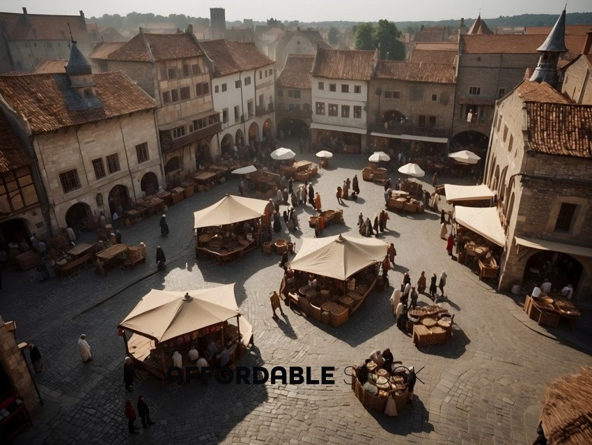 People shopping at an outdoor market in a European village