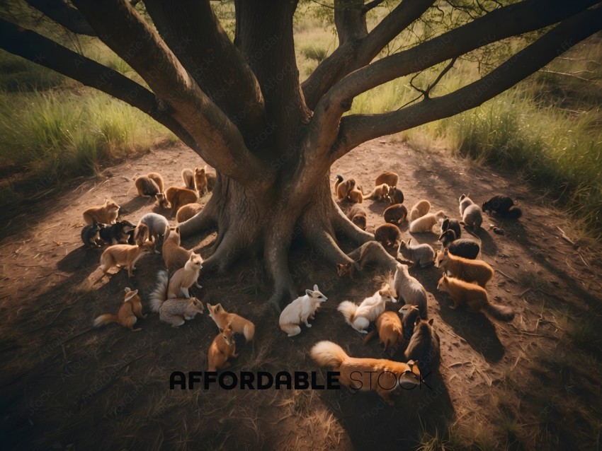 A group of dogs and foxes gather around a tree