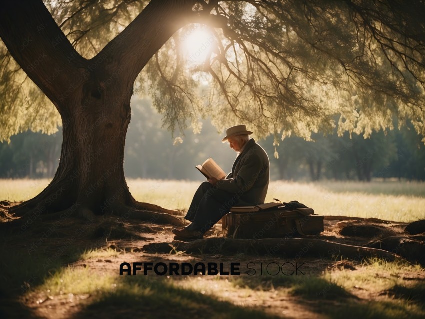 An older man reading a book under a tree