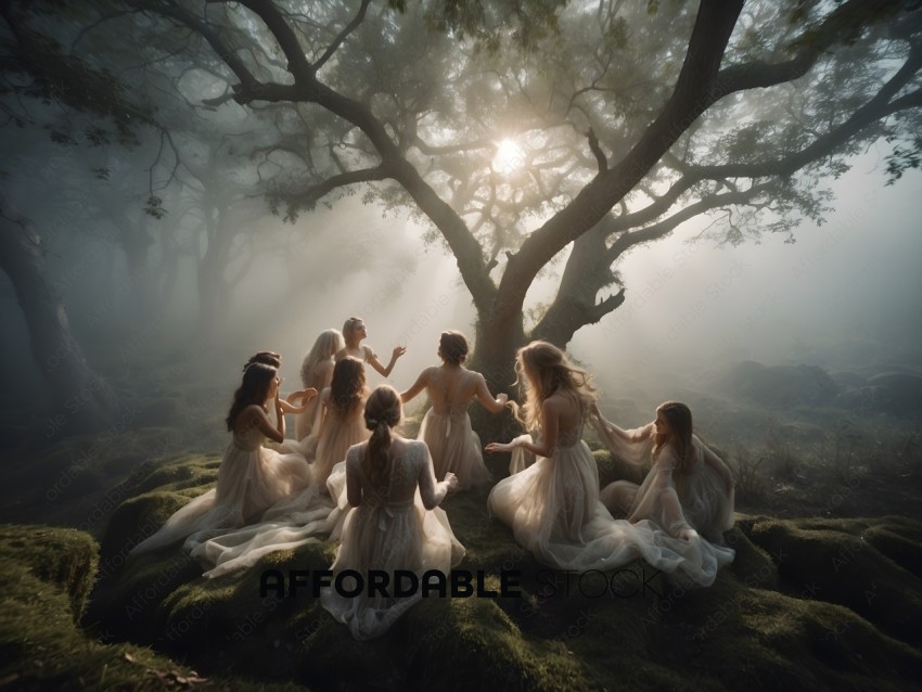 A group of women in white dresses are sitting in a circle under a tree