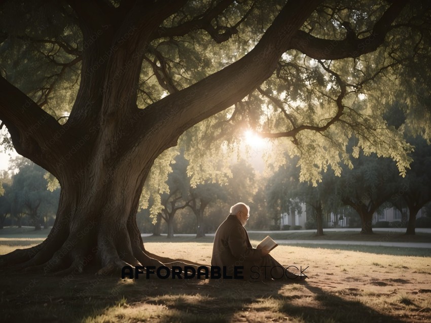 An elderly man reads a book under a tree