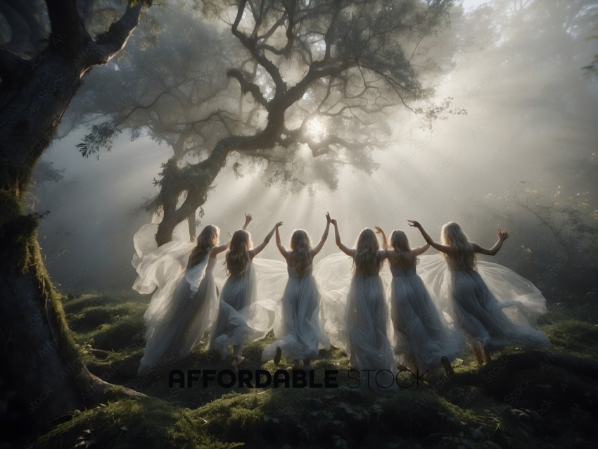 A group of 5 women in white dresses dancing in the forest