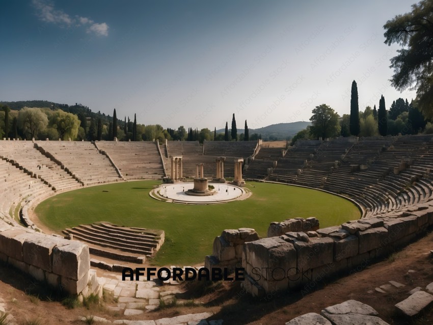 An ancient Greek amphitheater with a green field in the center