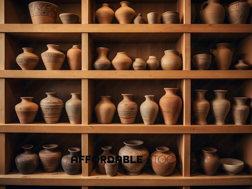 A wooden shelf with many vases on it