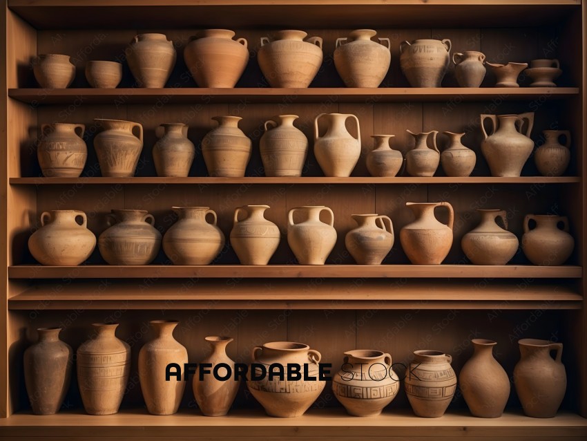 Vases of various shapes and sizes on a wooden shelf