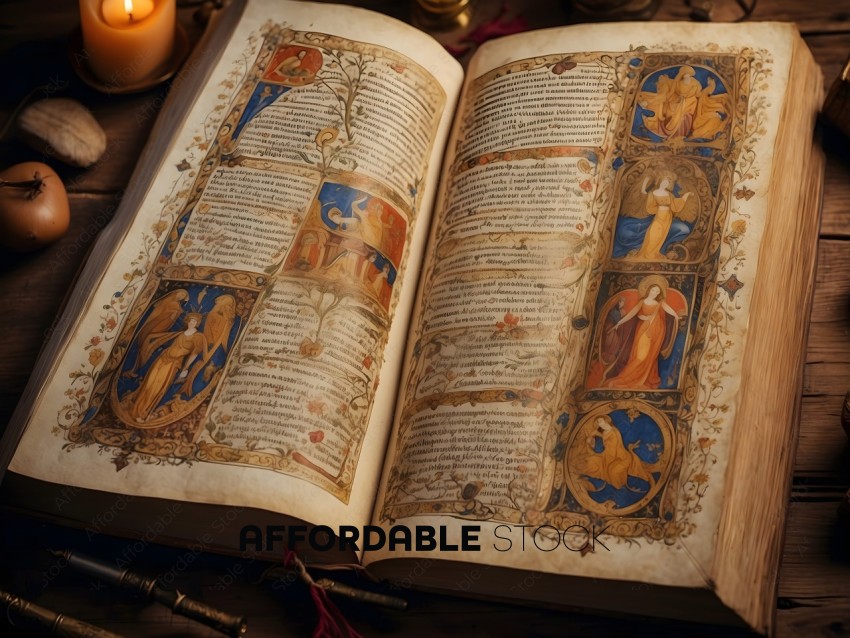 An open book with a gold cover and blue and red illustrations