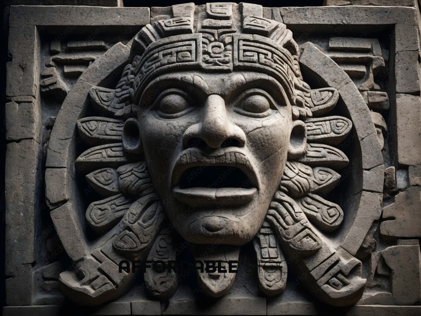 A carved stone face with a wide open mouth