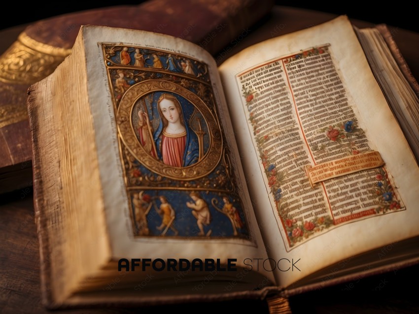 An open book with a gold and blue illustration of a woman