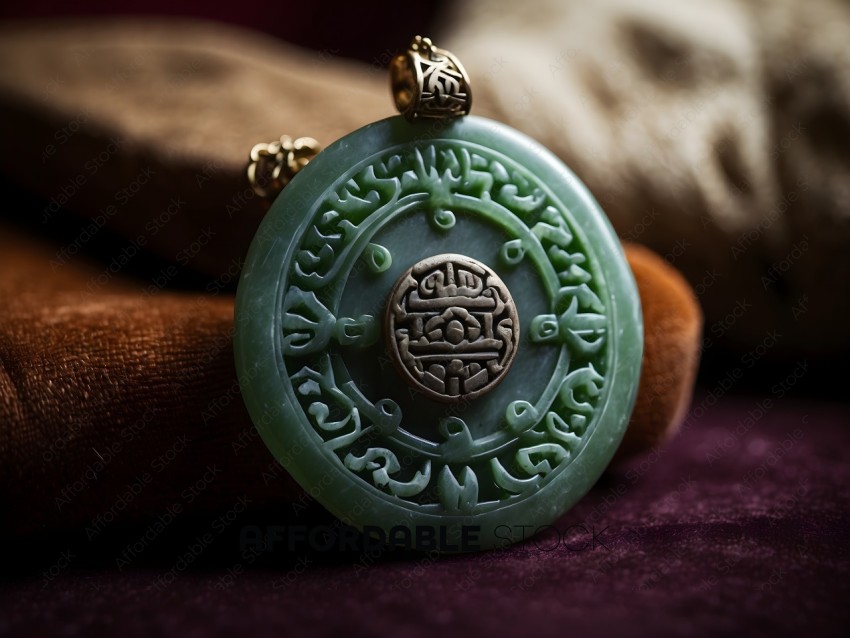 A green jade necklace with a gold medallion