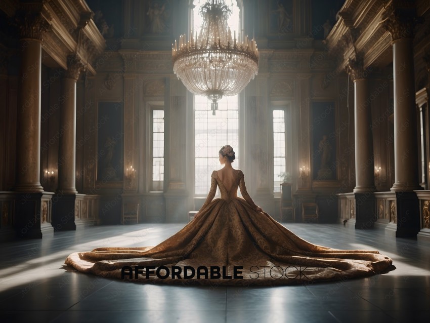 A woman in a gold dress stands in a grand room